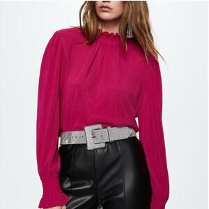 MNG Mango Fuchsia Crepe High Neck Blouse Sz S